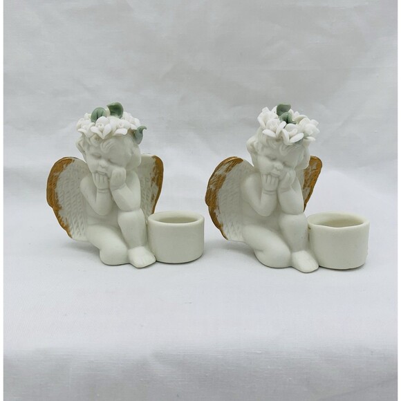 Vtg Cherub Angels 2 Candlestick Holders Ceramic Ivory Bisque 3" w/ Floral Crown - Picture 1 of 12